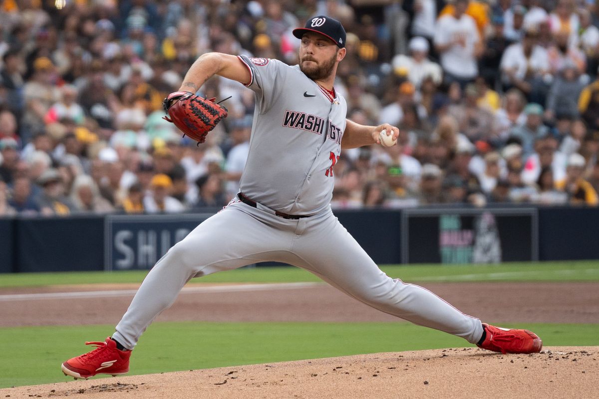 Washington Nationals pitcher Mitchell Parker (70) throws a pitch during an MLB game against the San Diego Padres on June 23, 2025 at Petco Park in San Diego, CA.