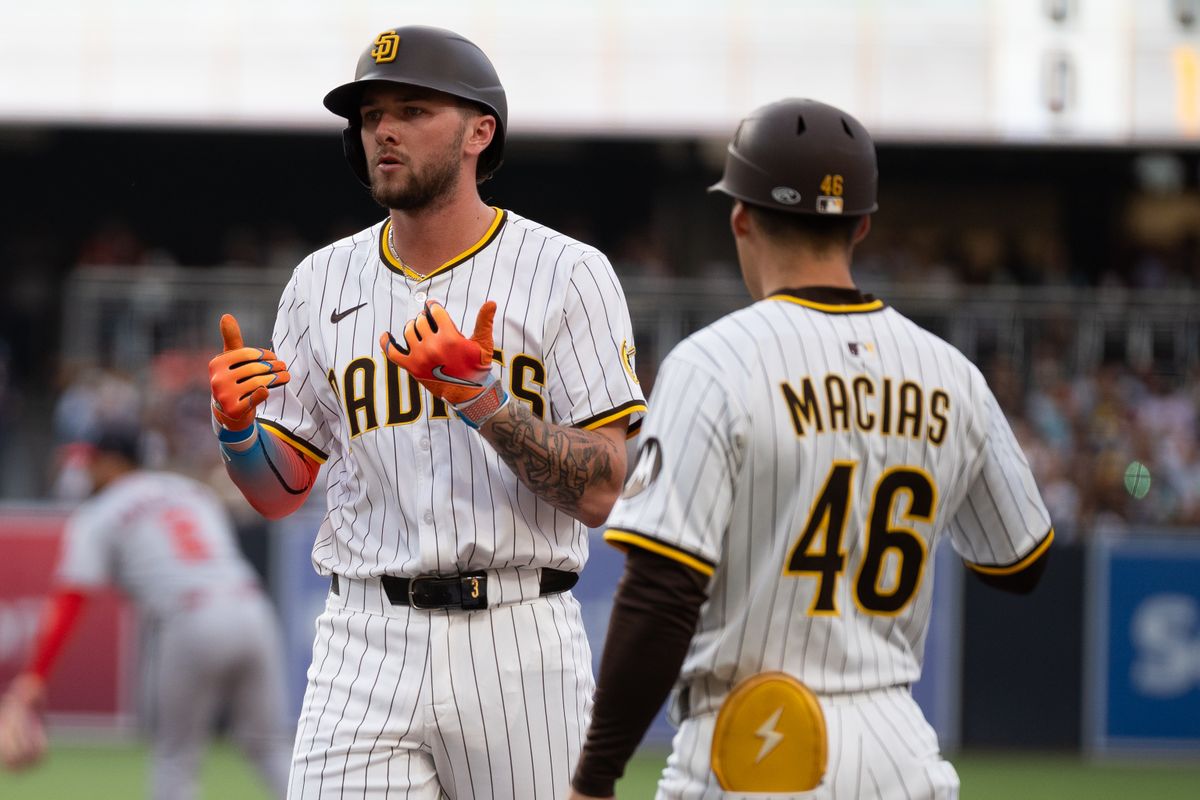 San Diego Padres outfielder Jackson Merrill (3) celebrates after a base hit during an MLB game against the Washington Nationals on June 23, 2025 at Petco Park in San Diego, CA.