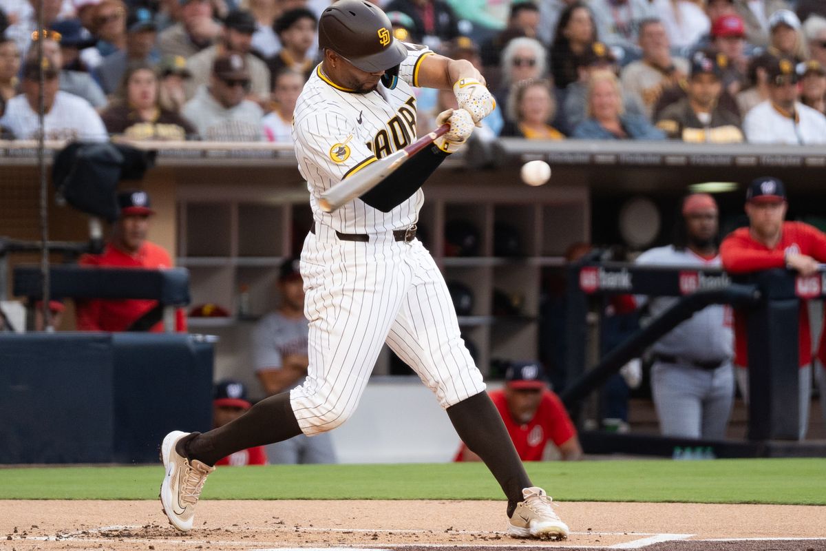 San Diego Padres shortstop Xander Bogaerts (2) hits the ball during an MLB game against the Washington Nationals on June 23, 2025 at Petco Park in San Diego, CA.
