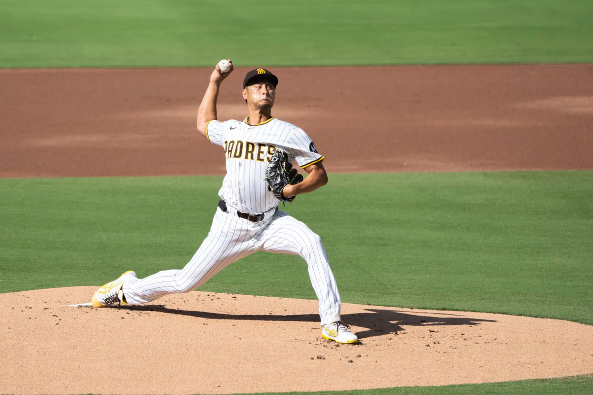 San Diego Padres Pitcher Yu Darvish #11 throwing a pitch during a game against the Philadelphia Phillies on July 12, 2025 in San Diego, CA. San Diego Padres Pitcher Yu Darvish #11 throwing a pitch during a game against the Philadelphia Phillies on July 12, 2025 in San Diego, CA.