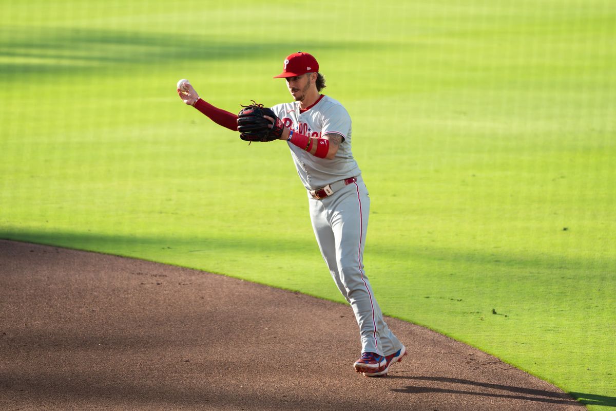 Philadelphia Phillies Second Baseman Bryson Stott #5 making an out during a game against the San Diego Padres on July 12, 2025 in San Diego, CA. Philadelphia Phillies Second Baseman Bryson Stott #5 making an out during a game against the San Diego Padres on July 12, 2025 in San Diego, CA.