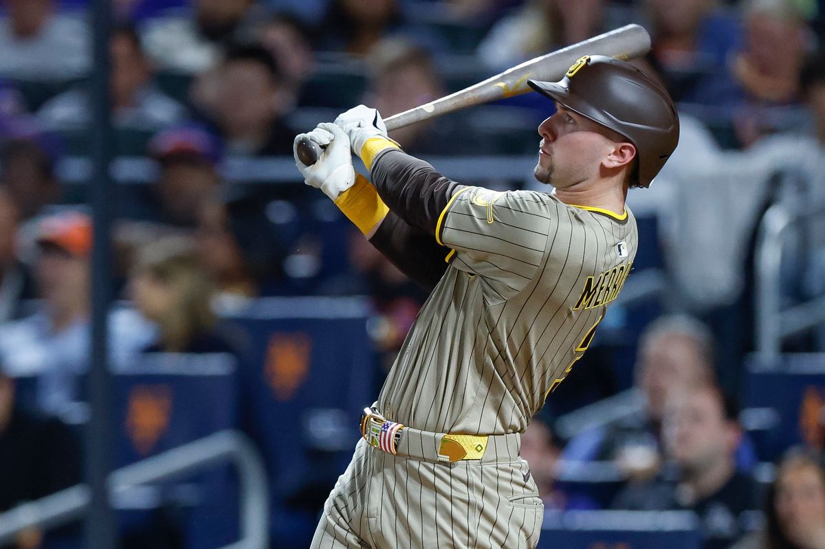 Jackson Merrill #3 bats against the Mets at Citi Field on September 17, 2025 in New York.
