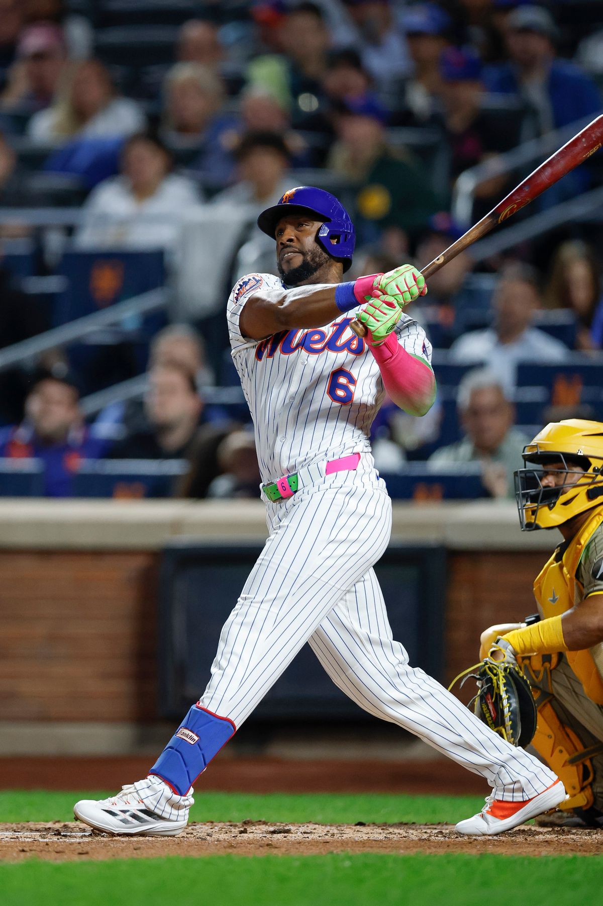 Starling Marte #6 hits a home run against the Padres at Citi Field on September 17, 2025 in New York.