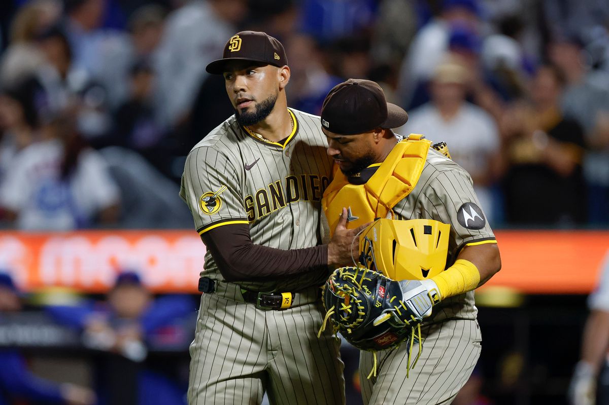Robert Suarez #75 celebrates a victory over the Mets at Citi Field on September 17, 2025 in New York.