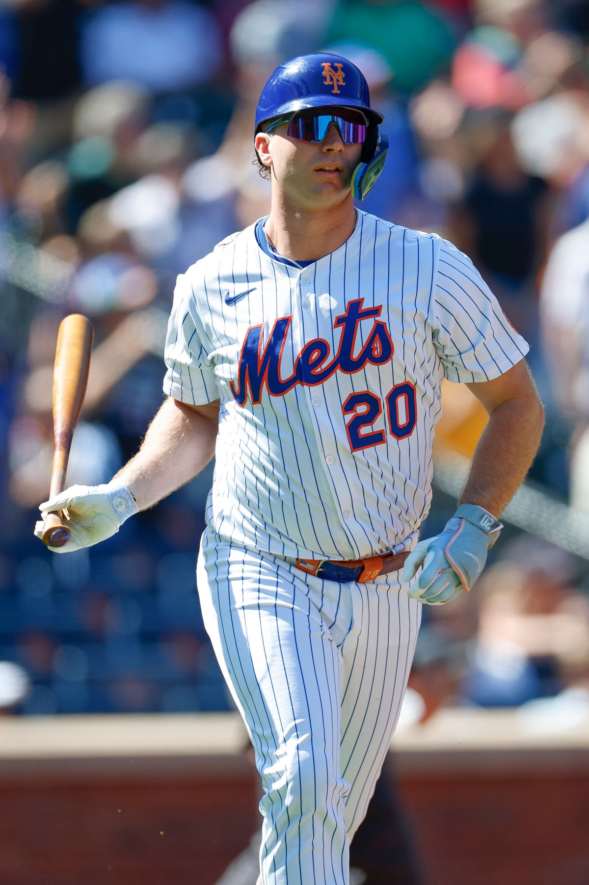 Pete Alonso #20 hits a home run against the Padres at Citi Field on September 18, 2025 in New York.