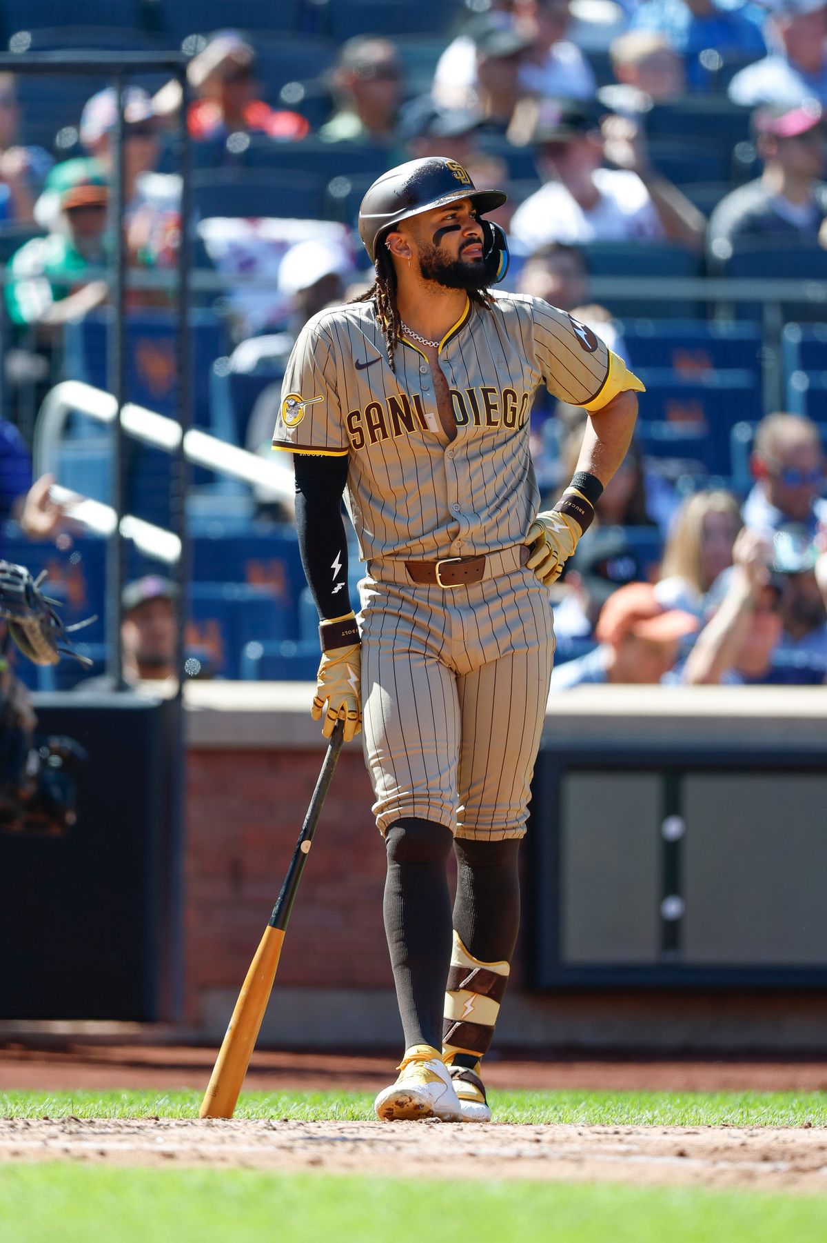 Fernando Tatis Jr. #23 on deck against the Mets at Citi Field on September 18, 2025 in New York.
