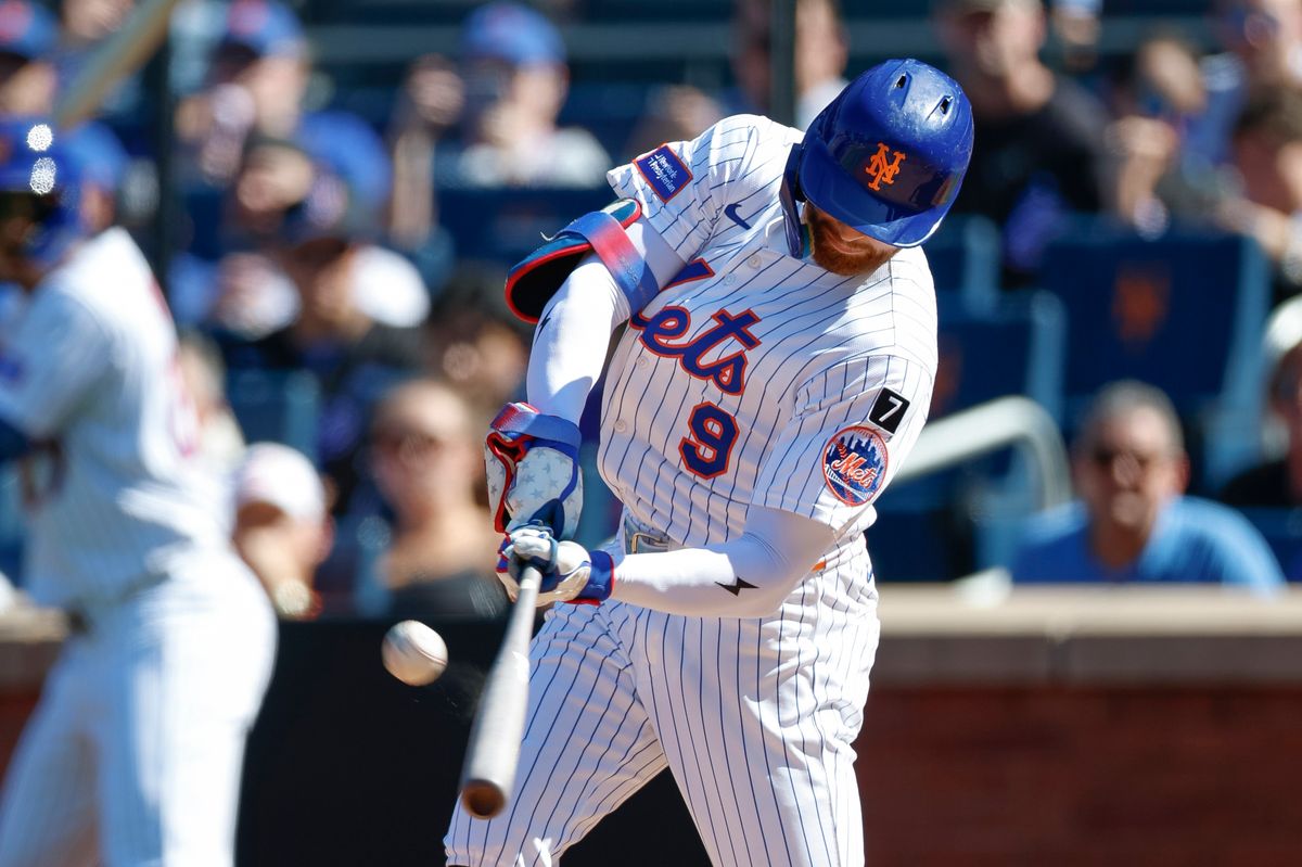 Brandon Nimmo #9 hits a home run against the Padres at Citi Field on September 18, 2025 in New York.