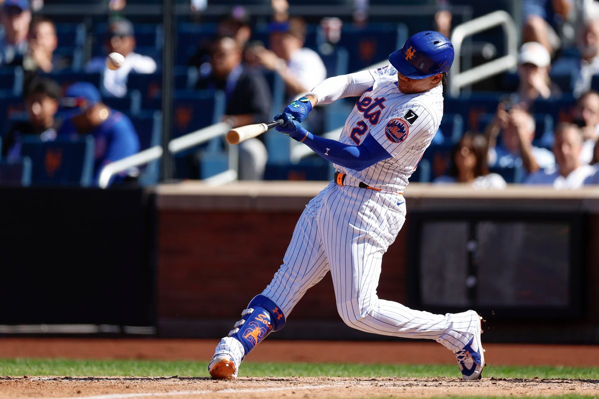 Juan Soto #22 hits a double against the Padres at Citi Field on September 18, 2025 in New York.