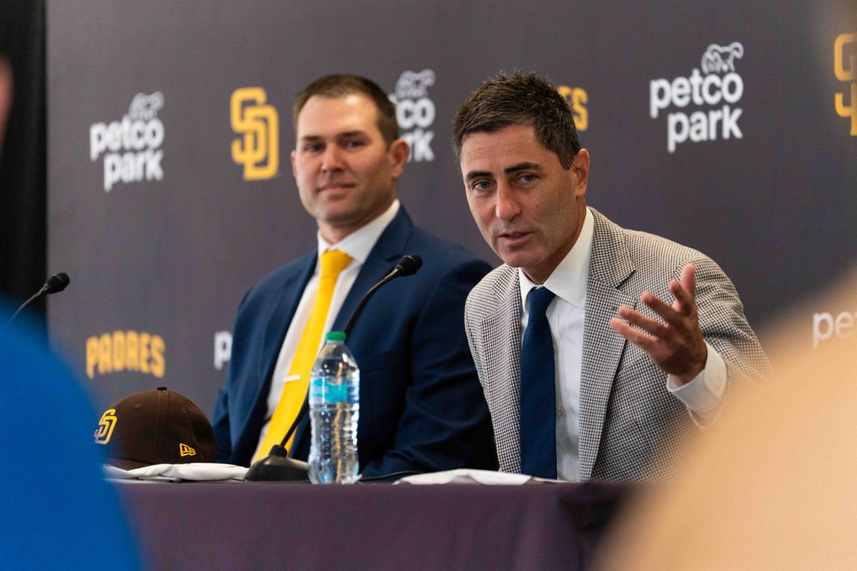 Padres General Manager A.J. Preller speaks to media as Craig Stammen is introduced as the new Padres manager, Monday November 10, 2025 in San Diego, Calif.
