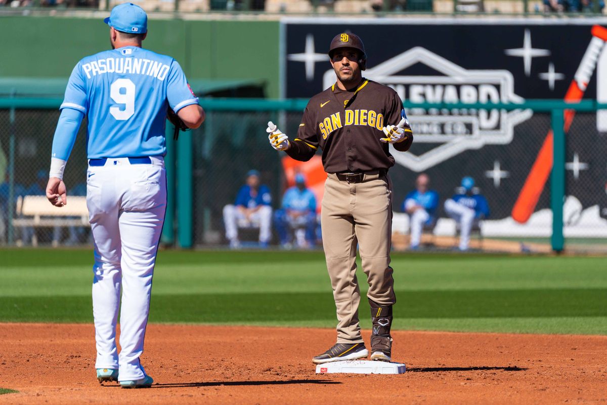 San Diego Padres outfielder Ramón Laureano (5) celebrates during an MLB Spring Training game between the San Diego Padres and the Kansas City Royals, Saturday February 21, 2026 at Surprise Stadium in Surprise, AZ. San Diego Padres outfielder Ramón Laureano (5) celebrates during an MLB Spring Training game between the San Diego Padres and the Kansas City Royals, Saturday February 21, 2026 at Surprise Stadium in Surprise, AZ.