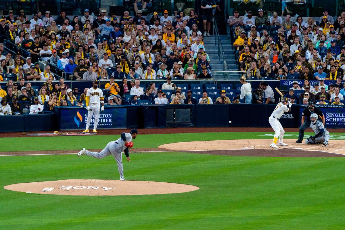 San Diego Padres outfielder Jackson Merrill (3) waits to swing during an MLB game between the Detroit Tigers and the San Diego Padres, Friday March 27, 2026 at Petco Park in San Diego, Calif.