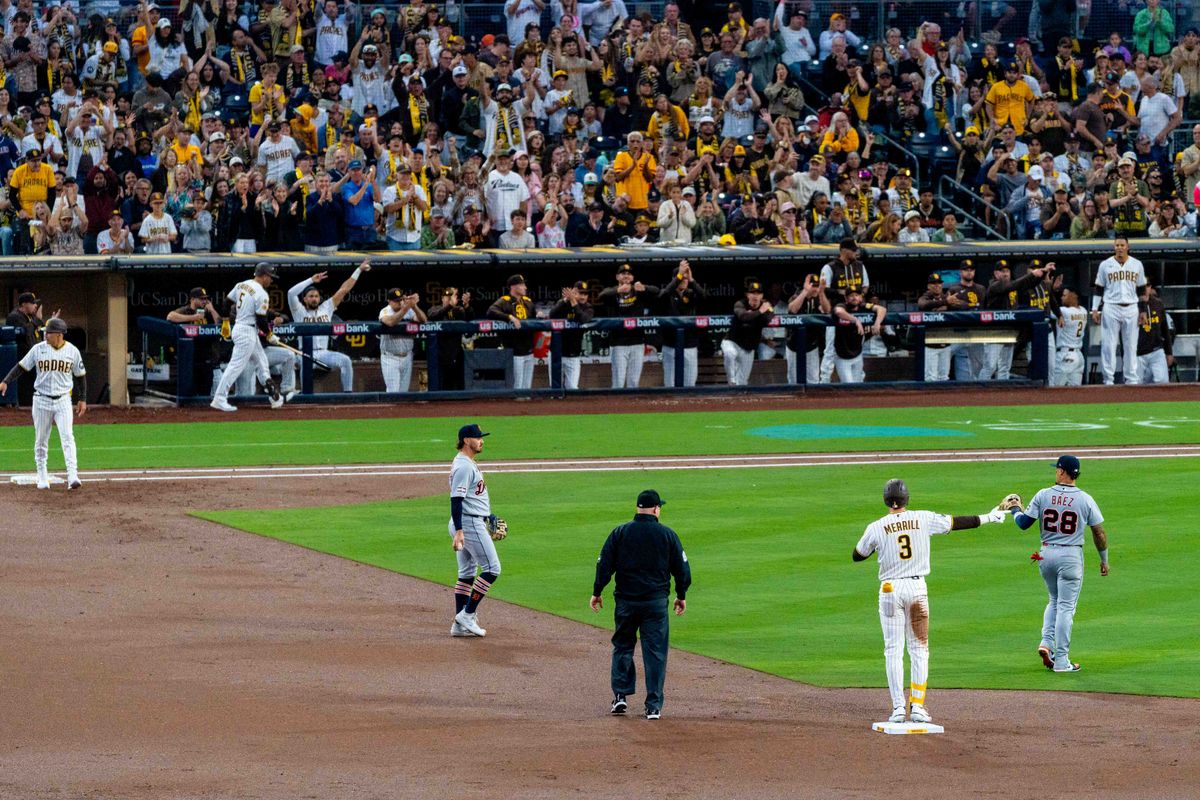 San Diego Padres outfielder Jackson Merrill (3) celebrates a double during an MLB game between the Detroit Tigers and the San Diego Padres, Friday March 27, 2026 at Petco Park in San Diego, Calif.