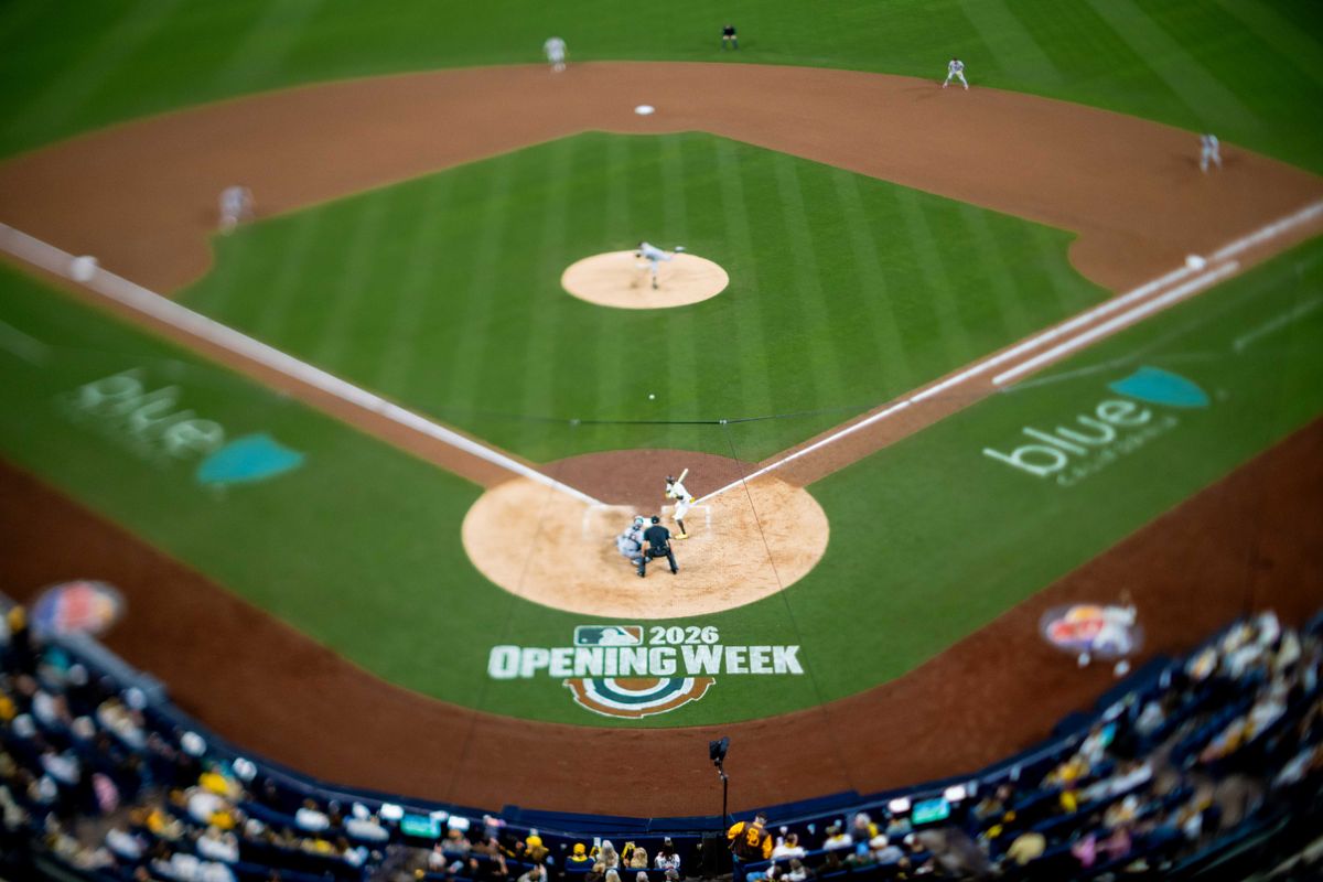 San Diego Padres second baseman Jake Cronenworth (9) waits for the pitch during an MLB game between the Detroit Tigers and the San Diego Padres, Friday March 27, 2026 at Petco Park in San Diego, Calif.