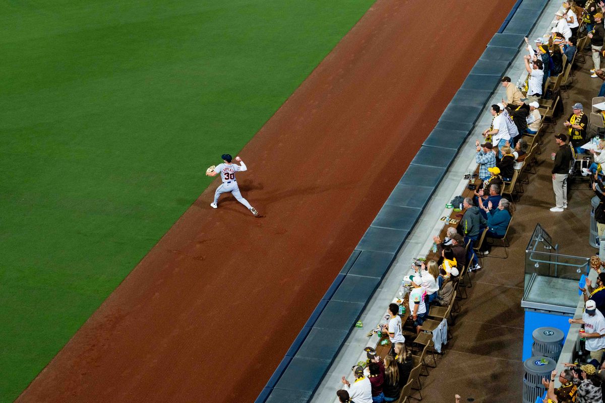 San Diego Padres outfielder Gavin Sheets (30) throws the ball in after a Padres double during an MLB game between the Detroit Tigers and the San Diego Padres, Friday March 27, 2026 at Petco Park in San Diego, Calif.
