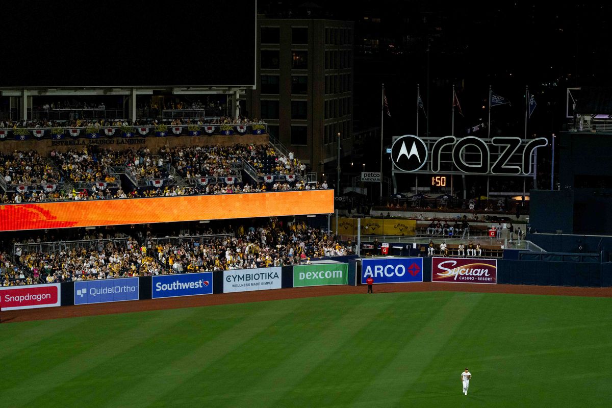 San Diego Padres relief pitcher Jeremiah Estrada (56) enters an MLB game between the Detroit Tigers and the San Diego Padres, Friday March 27, 2026 at Petco Park in San Diego, Calif.