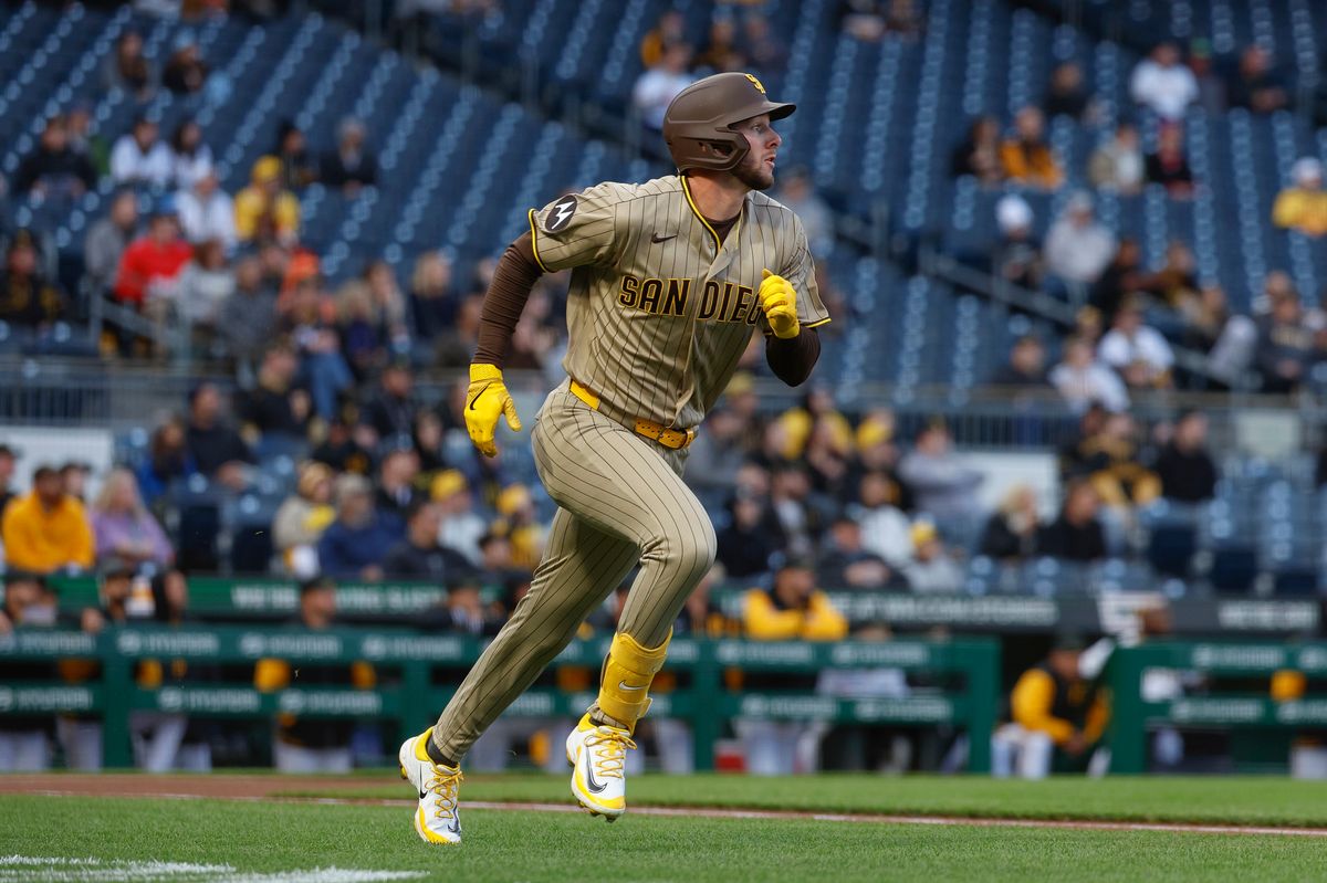 Jackson Merrill #3 runs up the line against the Pirates at PNC Park on April 6, 2025 in Pittsburgh.