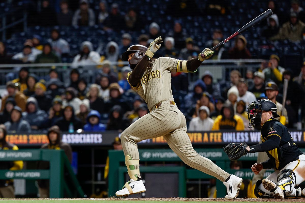 Fernando Tatis Jr. #23 hits a single against the Pirates at PNC Park on April 7, 2025 in Pittsburgh. Fernando Tatis Jr. #23 hits a single against the Pirates at PNC Park on April 7, 2025 in Pittsburgh.