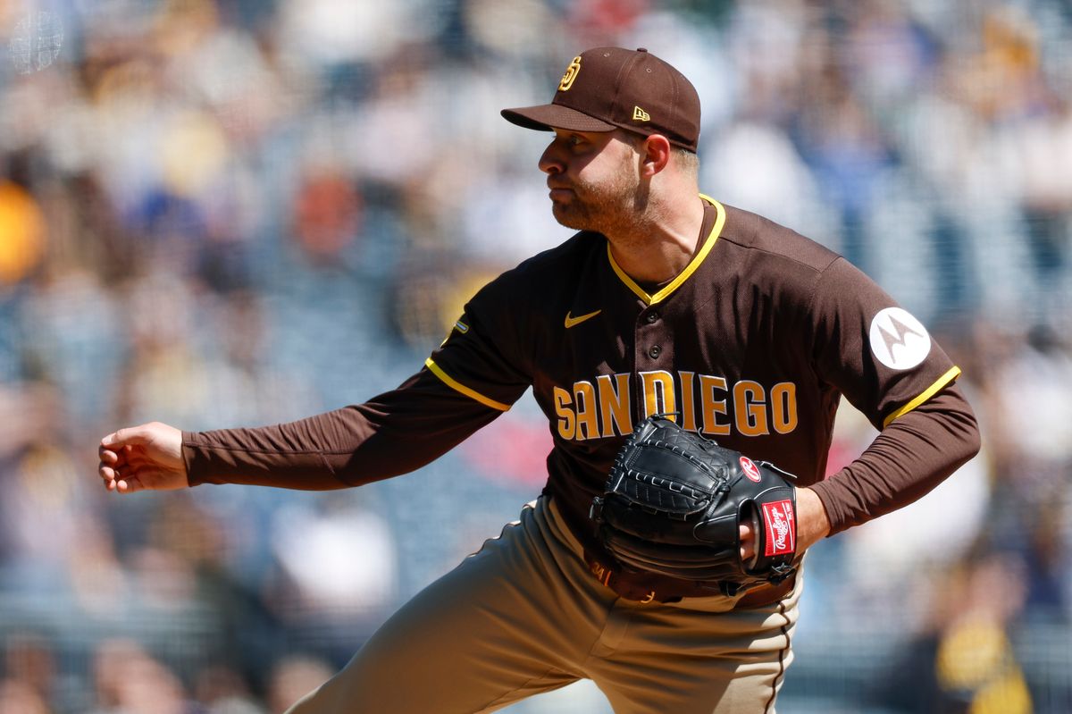 Michael King #34 throws a pitch against the Pirates at PNC Park on April 8, 2025 in Pittsburgh.