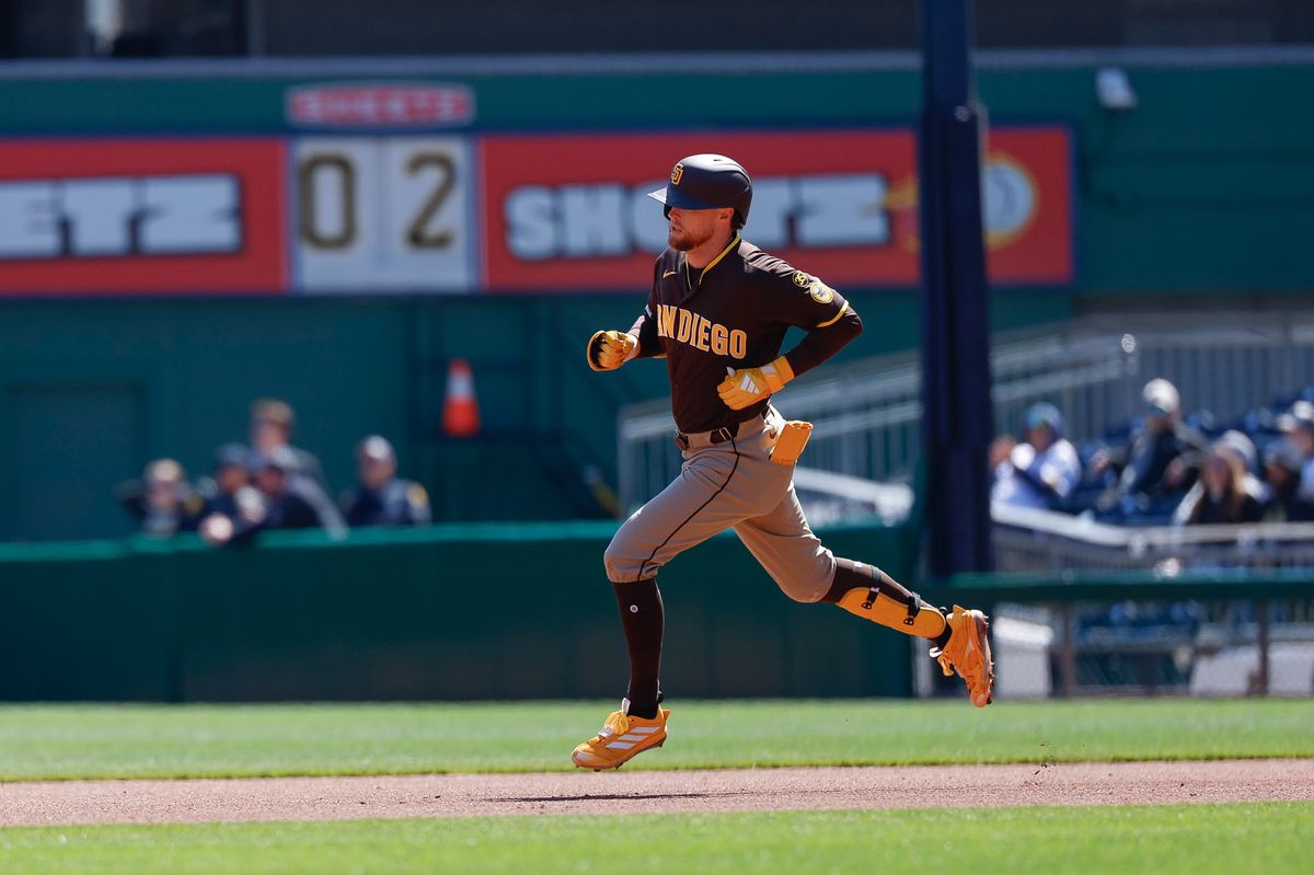 Jake Cronenworth #9 rounds the bases after hitting a home run against the Pirates at PNC Park on April 8, 2025 in Pittsburgh.
