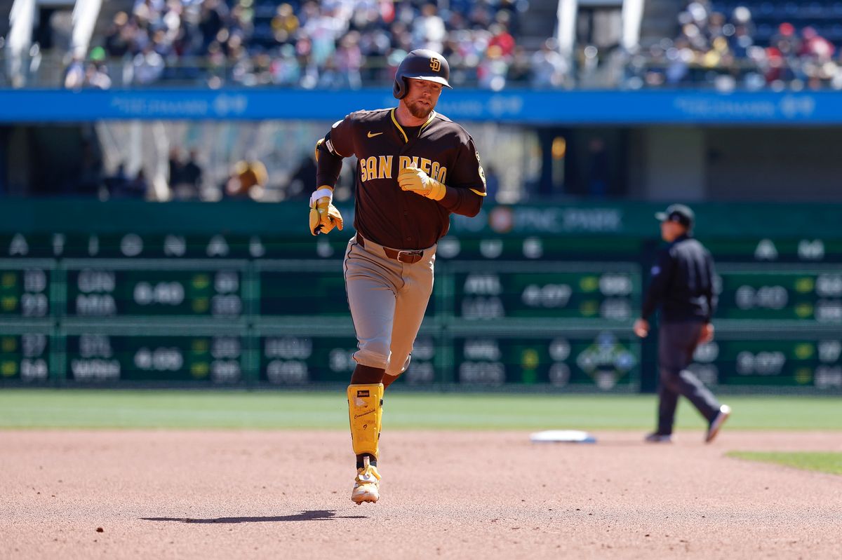 Jake Cronenworth #9 rounds the bases after hitting a home run against the Pirates at PNC Park on April 8, 2025 in Pittsburgh.