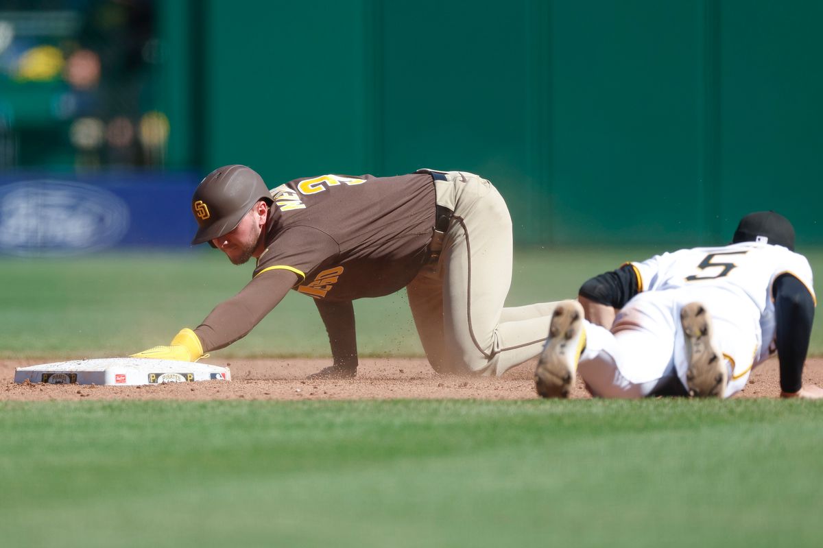 Jackson Merrill #3 slides safely into second base against the Pirates at PNC Park on April 8, 2025 in Pittsburgh.
