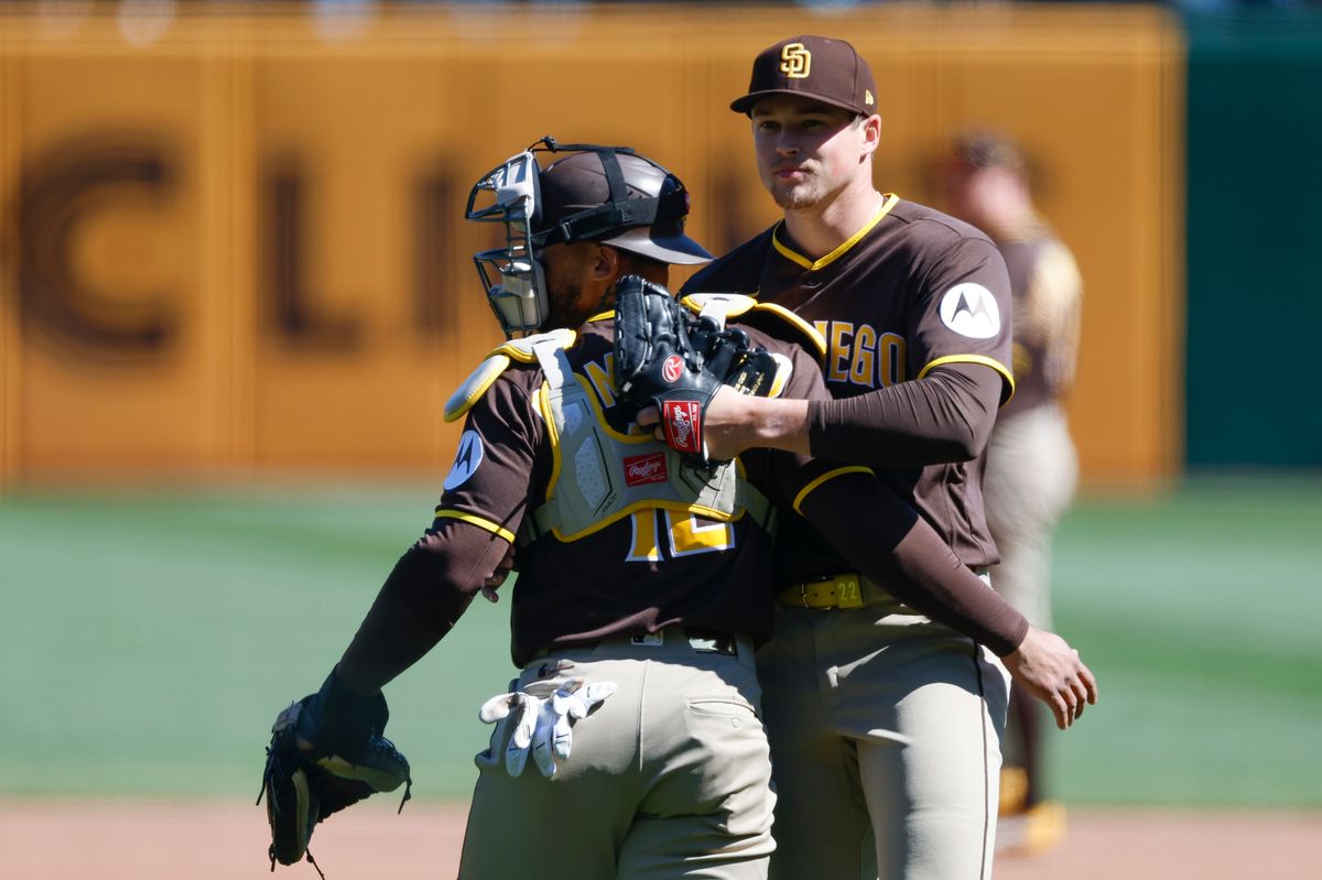 Mason Miller #22 celebrates after a team victory over the Pirates at PNC Park on April 8, 2025 in Pittsburgh.