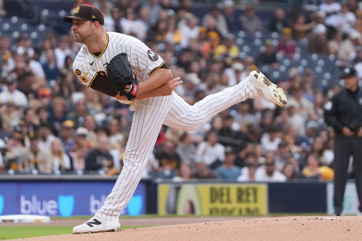 Padres starting pitcher Michael King (34) pitches the ball during an MLB baseball game against the White Sox, Saturday May 02, 2026 in San Diego, California.