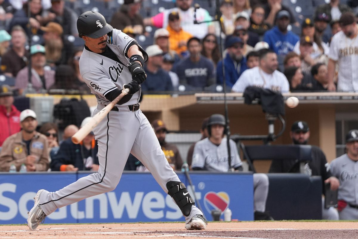 White Sox third baseman Miguel Vargas (20) swings and misses the ball during an MLB baseball game against the White Sox, Saturday May 02, 2026 in San Diego, California.