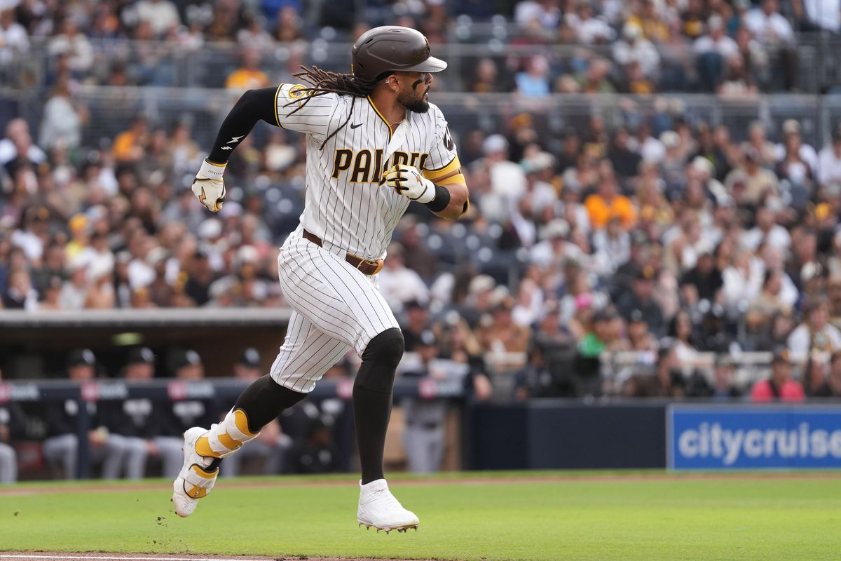 Padres right fielder Fernando Tatis Jr. (23) runs to first base during an MLB baseball game against the White Sox, Saturday May 02, 2026 in San Diego, California.