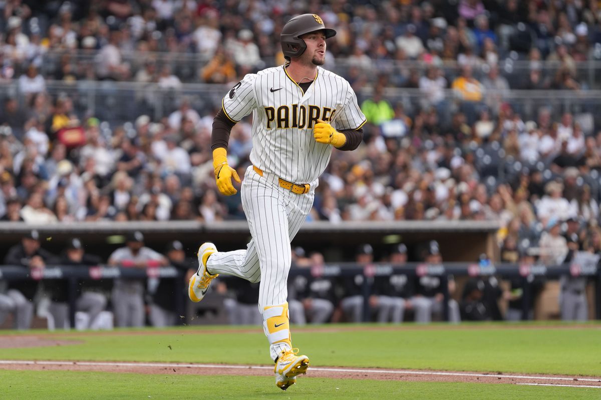 Padres center fielder Jackson Merrill (3) runs to first base during an MLB baseball game against the White Sox, Saturday May 02, 2026 in San Diego, California.