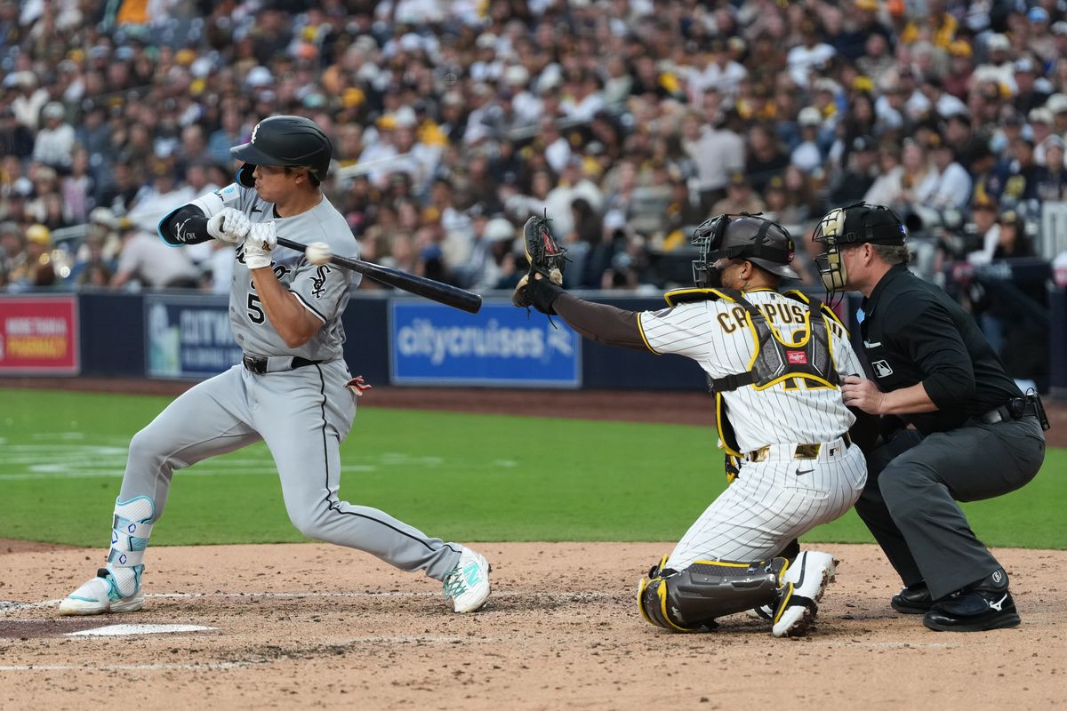 White Sox first baseman Munetaka Murakami (5) lets the pitch go by during an MLB baseball game against the Padres, Saturday May 02, 2026 in San Diego, California.