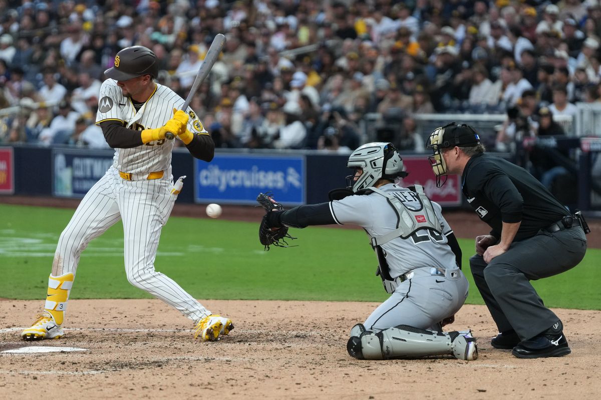 Padres center fielder Jackson Merrill (3) lets the pitch go by during an MLB baseball game against the White Sox, Saturday May 02, 2026 in San Diego, California.