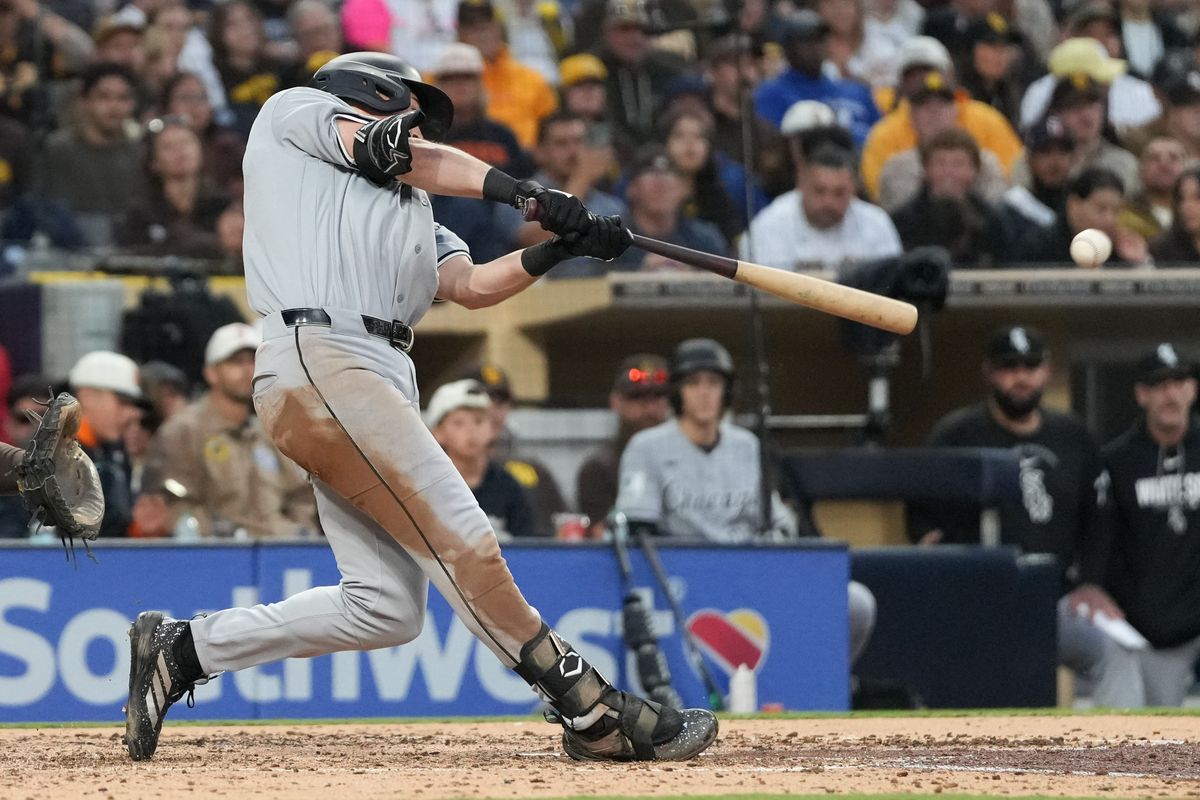 White Sox left fielder Sam Antonacci (17) hits the ball during an MLB baseball game against the Padres, Saturday May 02, 2026 in San Diego, California.
