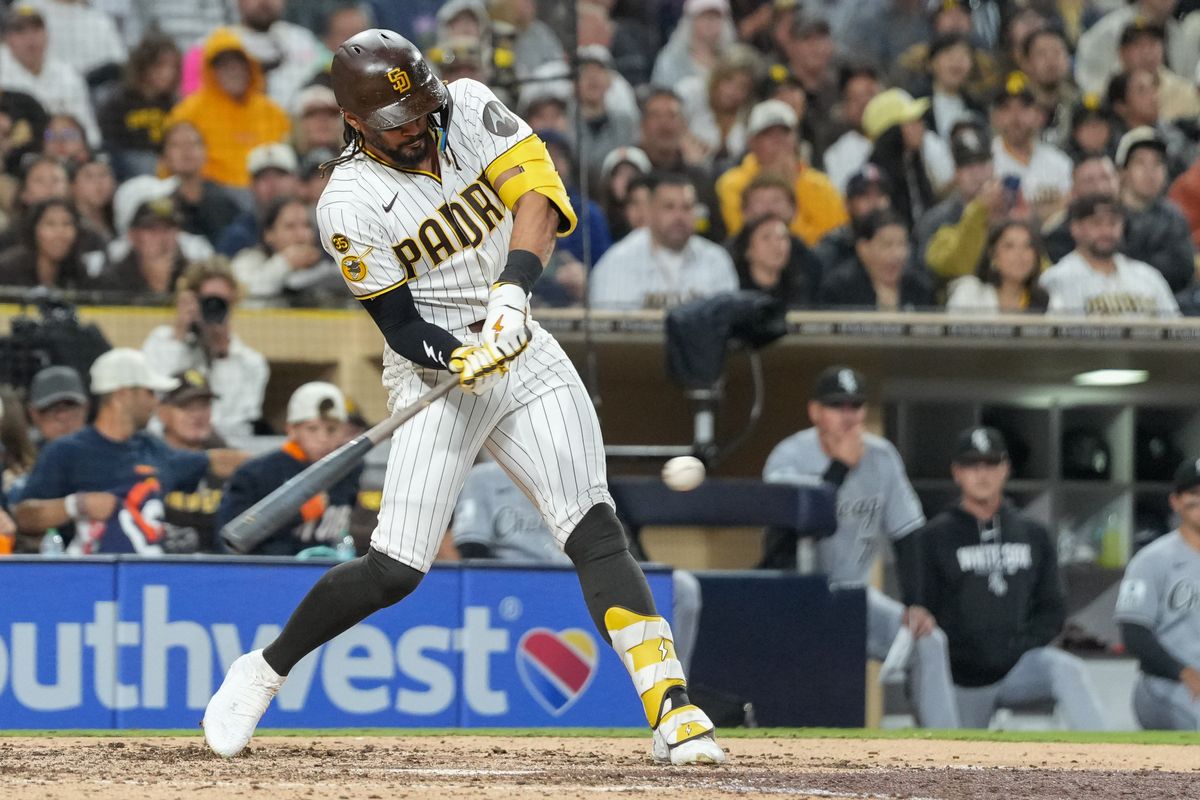 Padres right fielder Fernando Tatis Jr. (23) swings the bat during an MLB baseball game against the White Sox, Saturday May 02, 2026 in San Diego, California.