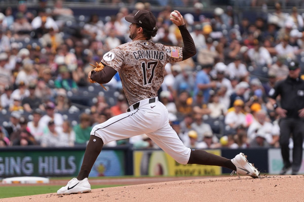 Padres starting pitcher Griffin Canning (17) pitches the ball during an MLB baseball game against the White Sox, Sunday May 03, 2026 in San Diego, California.