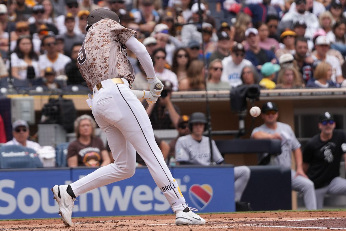 Padres center fielder Jackson Merrill (3) swings and misses the ball during an MLB baseball game against the White Sox, Sunday May 03, 2026 in San Diego, California.