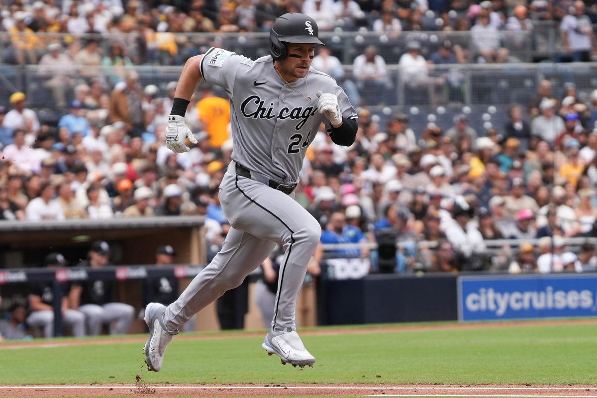 White Sox right fielder Jarred Kelenic (24) runs to first base during an MLB baseball game against the Padres, Sunday May 03, 2026 in San Diego, California.