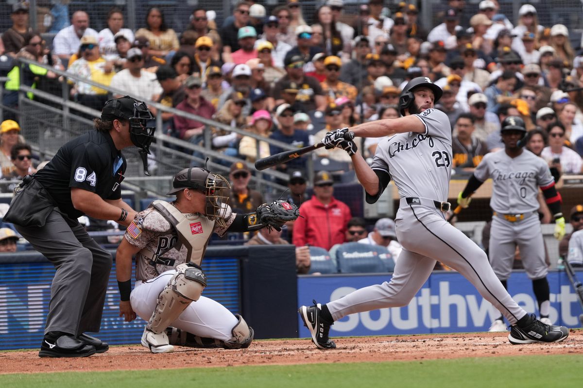 White Sox center fielder Tristan Peters (29) hits the ball during an MLB baseball game against the Padres, Sunday May 03, 2026 in San Diego, California.