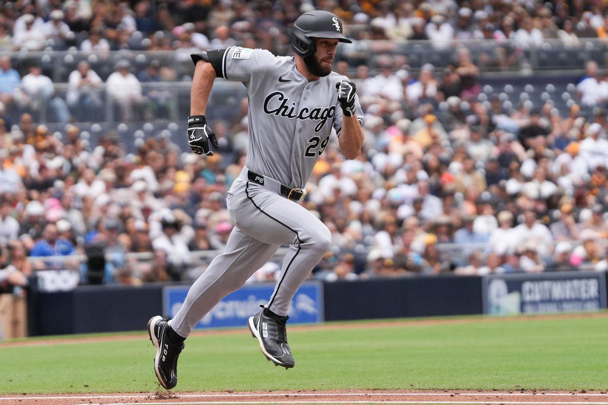White Sox center fielder Tristan Peters (29) runs to first base during an MLB baseball game against the Padres, Sunday May 03, 2026 in San Diego, California.