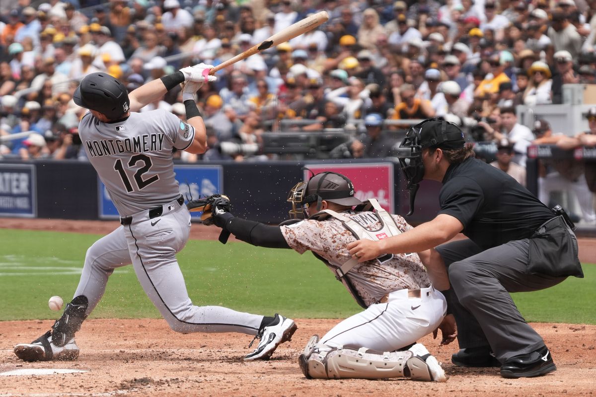 White Sox shortstop Colson Montgomery (12) hits a foul ball during an MLB baseball game against the Padres, Sunday May 03, 2026 in San Diego, California.