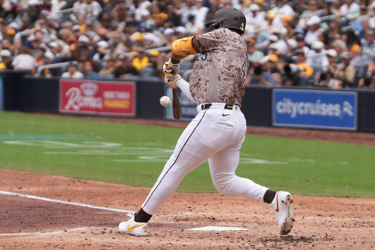 Padres third baseman Miguel Andujar (41) hits a home run during an MLB baseball game against the White Sox, Sunday May 03, 2026 in San Diego, California.