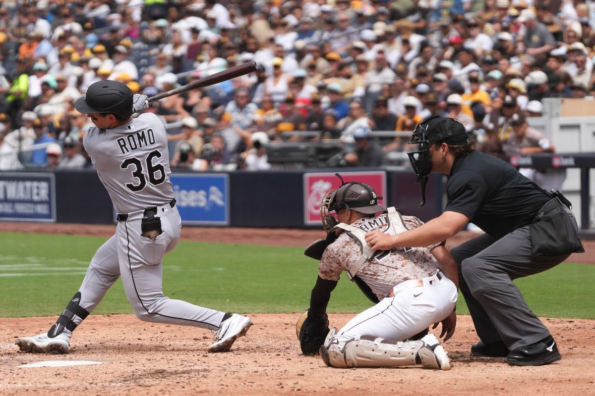 White Sox catcher Drew Romo (36) swings and misses the ball during an MLB baseball game against the Padres, Sunday May 03, 2026 in San Diego, California.