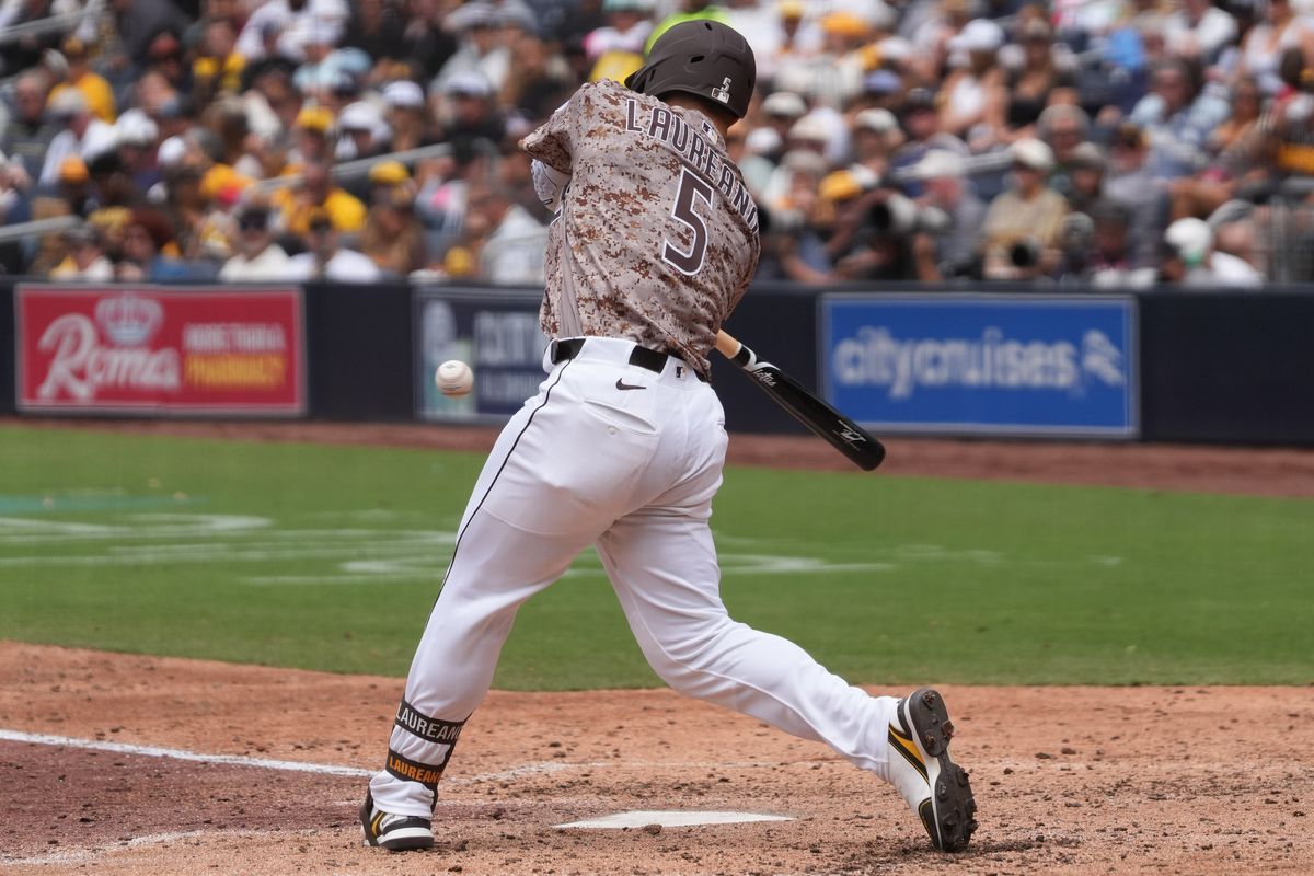 Padres left fielder Ramon Laureano (5) hits a foul ball during an MLB baseball game against the White Sox, Sunday May 03, 2026 in San Diego, California.