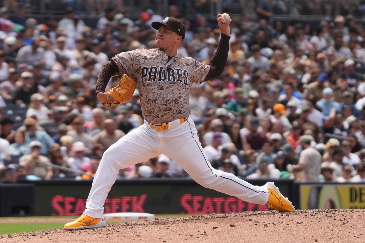 Padres relief pitcher Adrian Morejon (50) pitches the ball during an MLB baseball game against the White Sox, Sunday May 03, 2026 in San Diego, California.