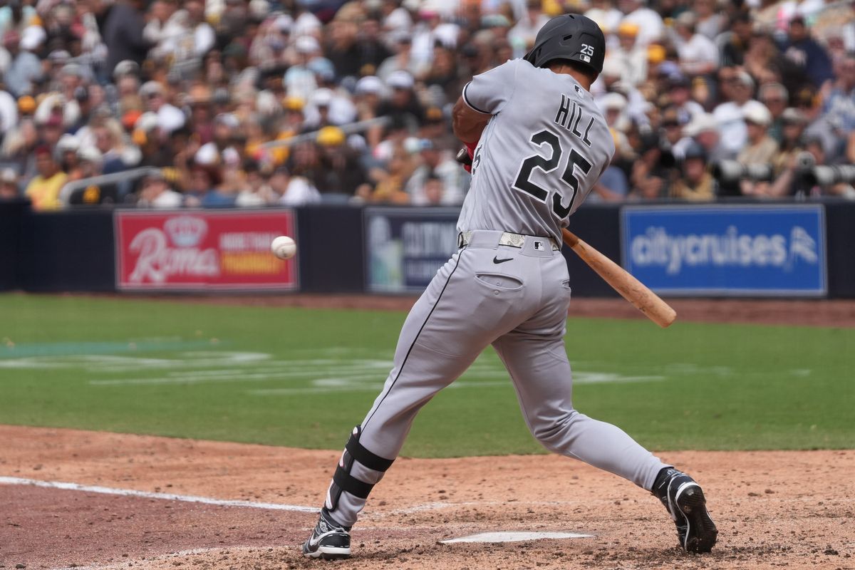 White Sox right fielder Derek Hill (25) hits a home run during an MLB baseball game against the Padres, Sunday May 03, 2026 in San Diego, California.