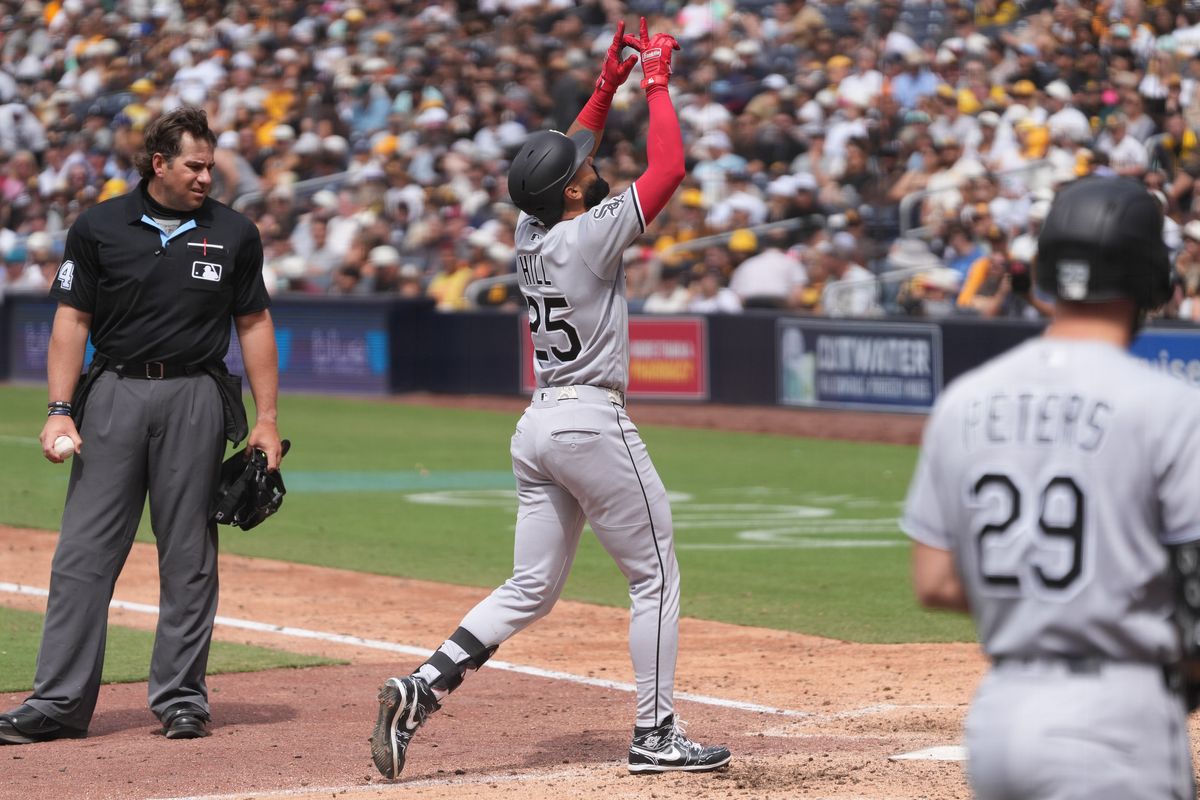 White Sox right fielder Derek Hill (25) celebrates after hitting a home run during an MLB baseball game against the Padres, Sunday May 03, 2026 in San Diego, California.