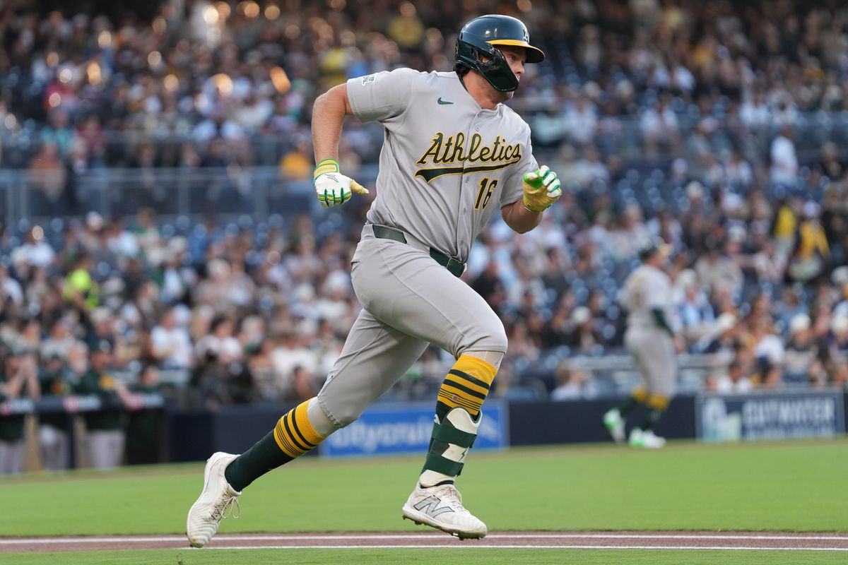 Athletics first baseman Nick Kurtz (16) runs to first base during an MLB baseball game against the Padres, Friday May 22, 2026 in San Diego, California.