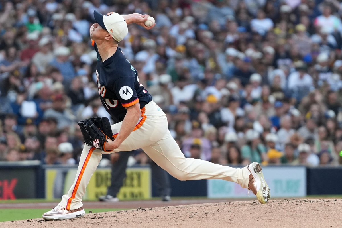 Padres starting pitcher Walker Buehler (10) pitches the ball during an MLB baseball game against the Athletics, Friday May 22, 2026 in San Diego, California.