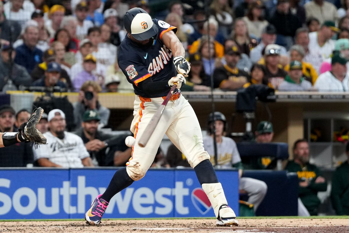 Padres shortstop Xander Bogaerts (2) hits a foul ball during an MLB baseball game against the Athletics, Friday May 22, 2026 in San Diego, California.
