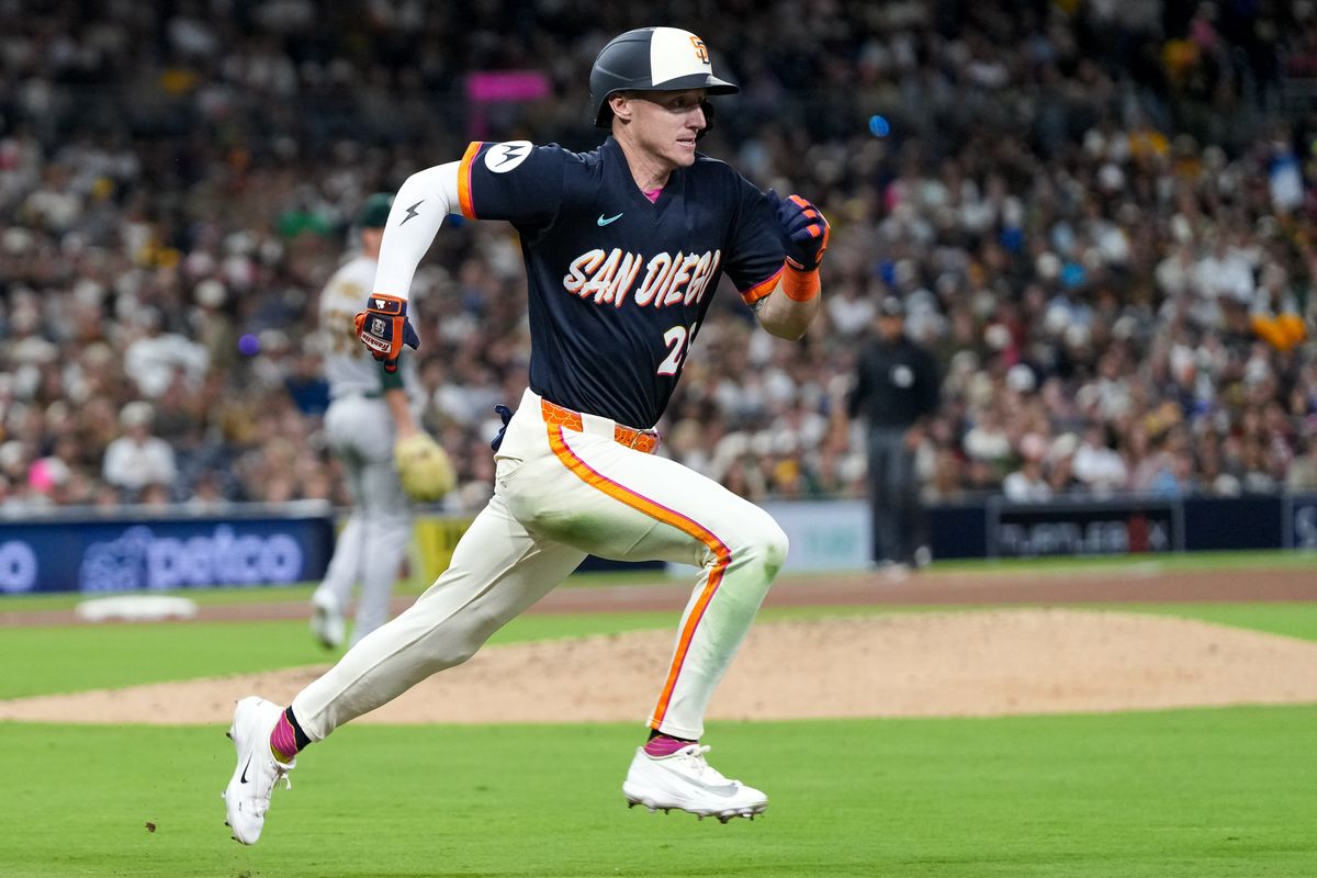 Padres right fielder Bryce Johnson (29) runs to first base during an MLB baseball game against the Athletics, Friday May 22, 2026 in San Diego, California.